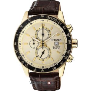 Ceas Citizen Maro Original Barbatesc cu Curea de Piele BASIC AN3602-02A Cronograf Tahometru si Dimensiune carcasa de 43 mm