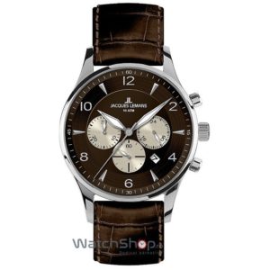 Ceas elegant barbatesc Jacques Lemans original cu curea din piele maro CLASSIC 1-1654D London