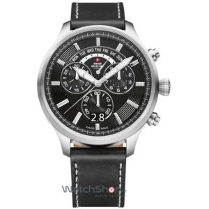 Ceas negru de lux Swiss Military barbatesc original cu curea din piele de vitel by CHRONO SM34038.04 Cronograf