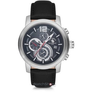 Ceas negru Santa Barbara Polo barbatesc original LEGEND SB.7.1141.4 Dual Time cu curea de piele