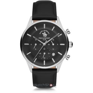 Ceas negru Santa Barbara Polo elegant pentru barbati NOBLE SB.5.1171.1 cu curea din piele