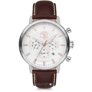 Ceas elegant de mana Santa Barbara barbatesc original cu curea din piele maro cafeniu Polo NOBLE SB.7.1136.5 Dual Time