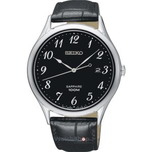 Ceas barbatesc de mana Seiko original cu design clasic si display analog cu carcasa rotunda si curea de piele neagra SGEH77P1